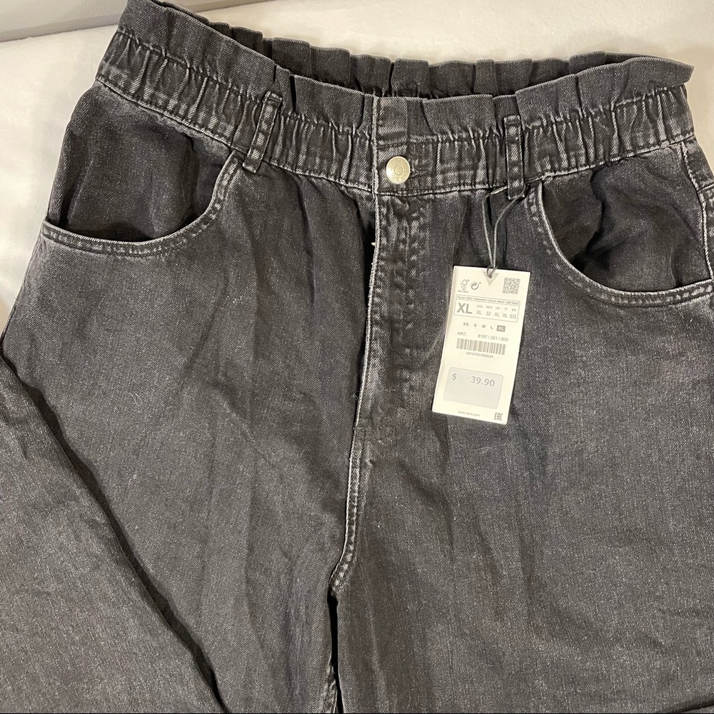 NWT Zara Black Elastic Paper Bag Waist Ultra High Rise 100% Cotton Jeans Size XL - Picture 6 of 16